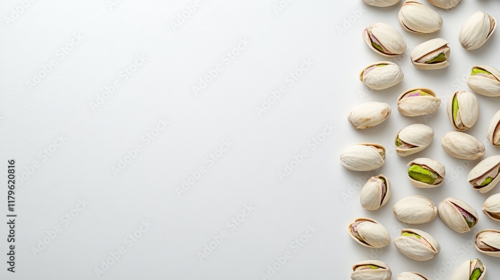 Aufkleber Many pistachios are arranged in a vertical line on the right side of a white background, creating a visually appealing pattern with copy space on the left