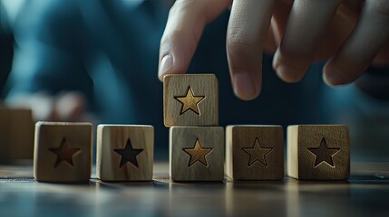 A person arranging wooden blocks with star symbols to represent achievement and performance in a business setting, highlighting the importance of quality and teamwork.