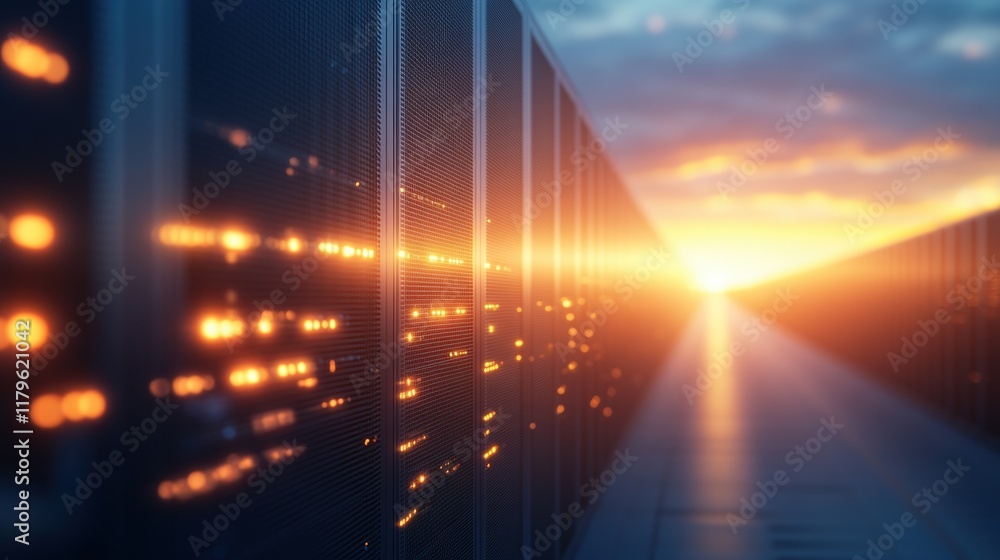 Poster dramatic sunset behind high-tech data center with illuminated servers creating a futuristic and sere