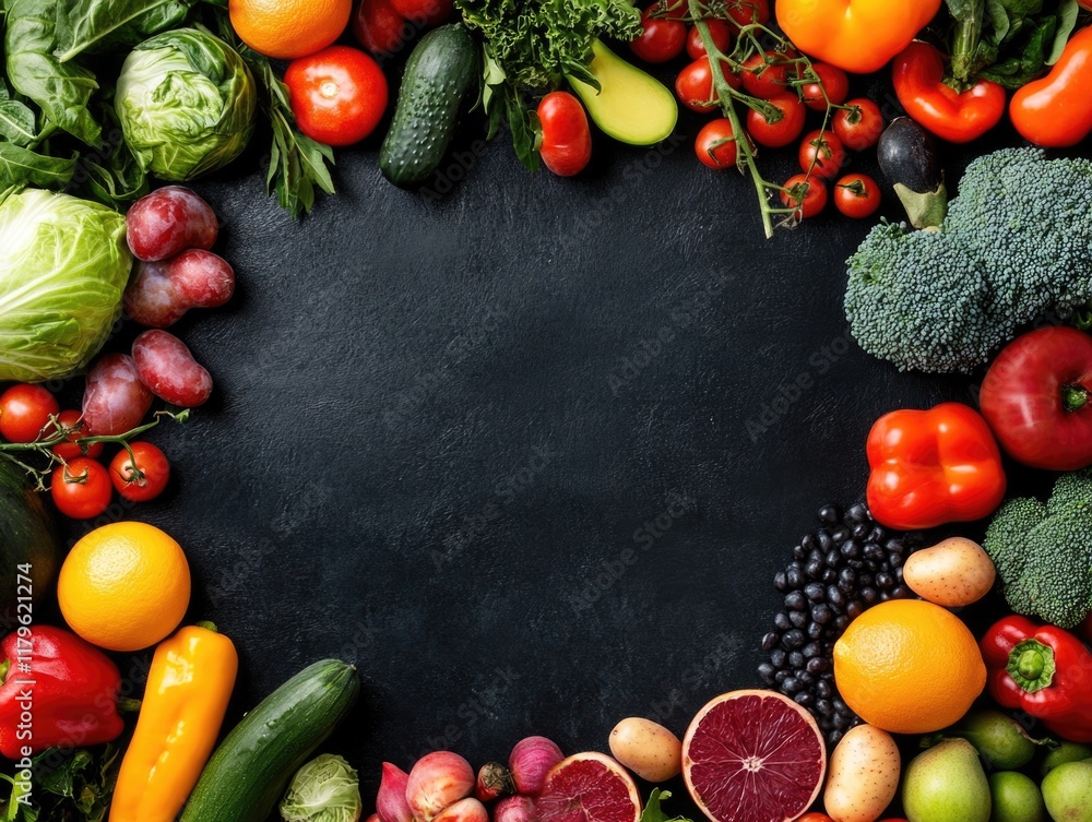 Poster vibrant assortment of fresh vegetables and fruits in a circular composition on dark slate background