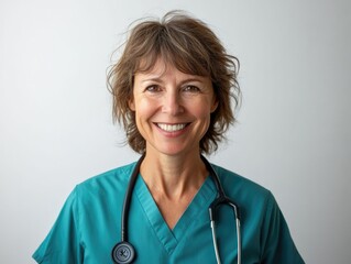 Smiling female healthcare worker in teal scrubs with stethoscope on a light gray background representing heart wellness and medical professionalism