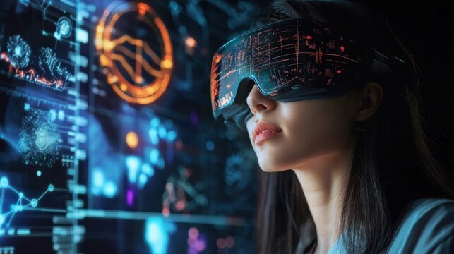 AR education poster, digital overlays of scientific diagrams, vibrant holograms, and a sleek academic aesthetic