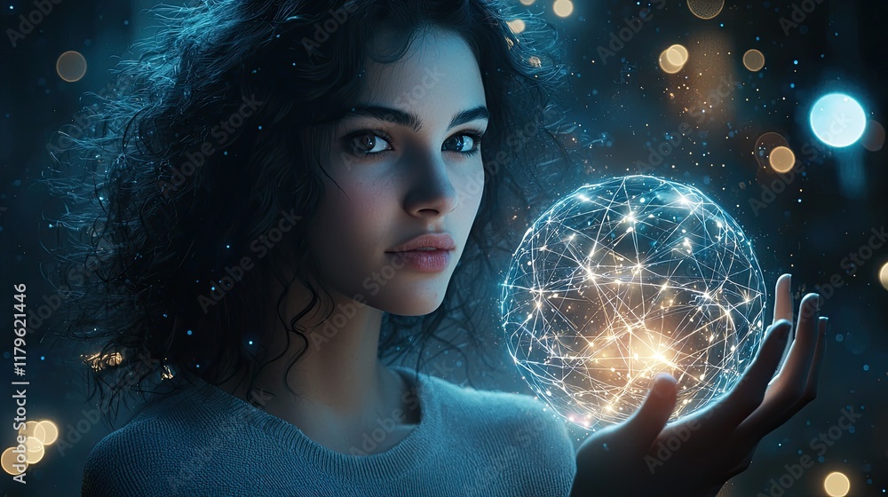 Poster a captivating young woman holds a glowing sphere that symbolizes digital connections, set in an ench