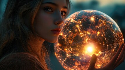 Naklejka premium A captivating young woman holds a glowing sphere that symbolizes digital connections, set in an enchanting atmosphere reflecting innovation and creativity in modern techn