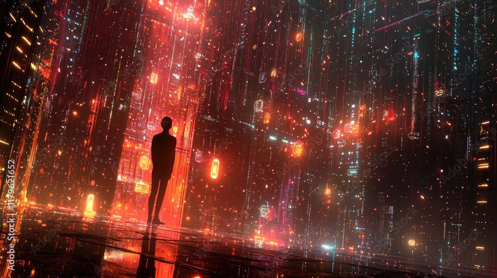 Poster A contemplative individual stands in a modern server room, surrounded by glowing data streams and digital icons, symbolizing the convergence of technology and innovation