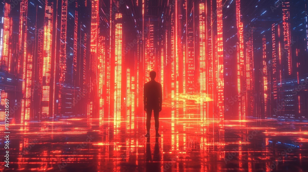 Poster a contemplative individual stands in a modern server room, surrounded by glowing data streams and di