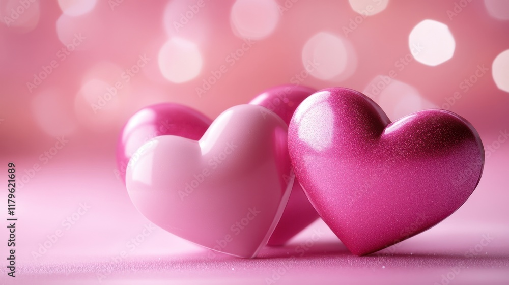 Poster three glossy hearts on a soft pink background with bokeh effect