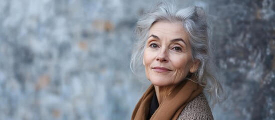 Outdoor portrait of a 70 year old woman with long gray hair and warm brown scarf standing against a textured gray stone wall, ideal for text placement