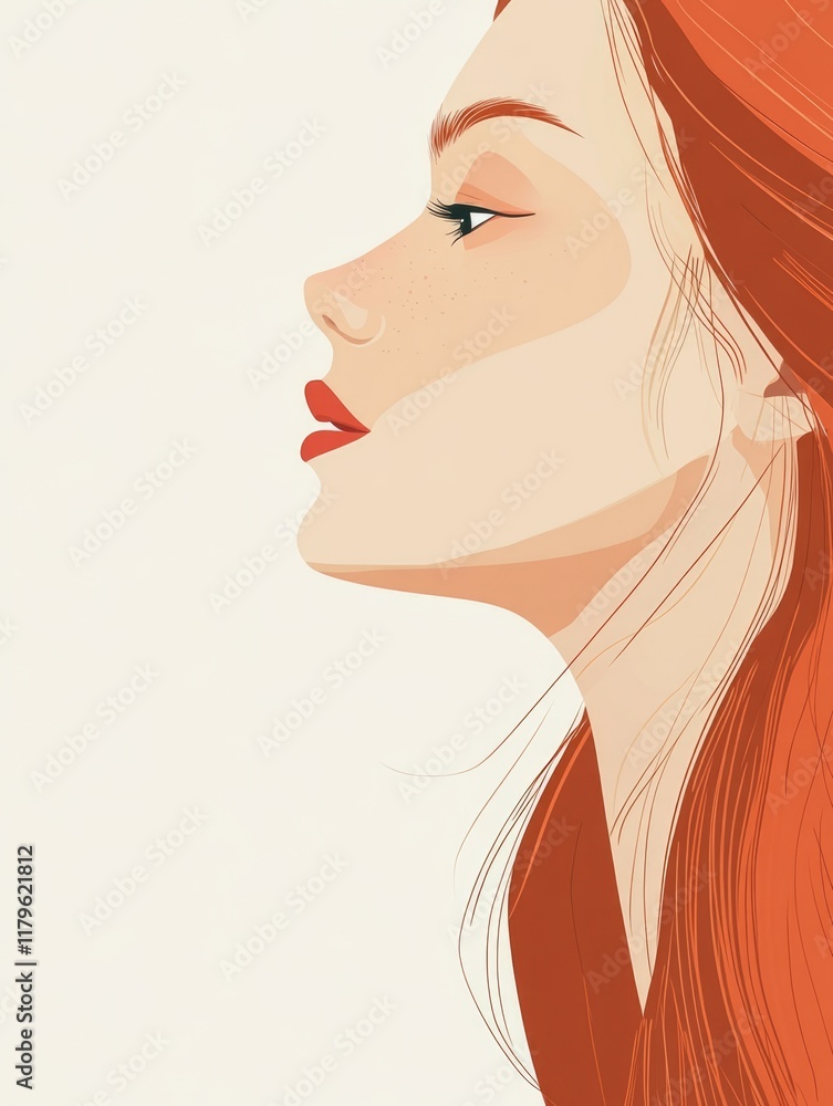 Poster elegant profile portrait of a red-haired woman on a soft cream background featuring ample empty spac