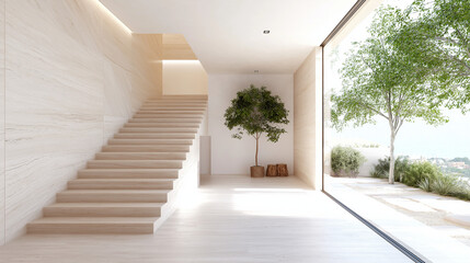 Fototapeta premium Modern Minimalist Entryway: A bright and airy minimalist entryway with a sleek staircase, wooden flooring, and a large window overlooking a lush green garden.