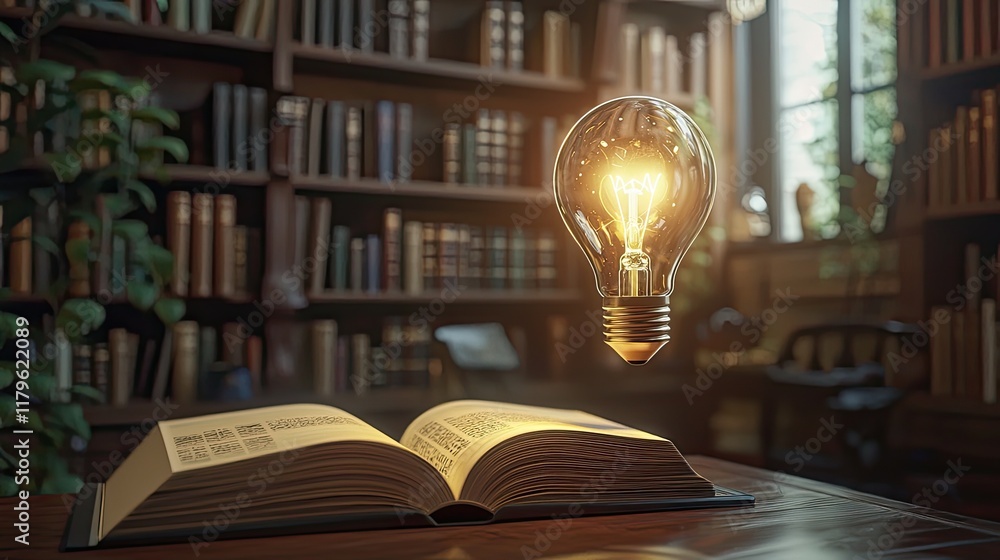 Poster a captivating image of a glowing light bulb floating above an open book in a library, embodying the 