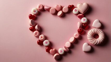 Obraz premium Heart shaped candies with red rose petals and a bead necklace as a romantic Valentine's Day decoration