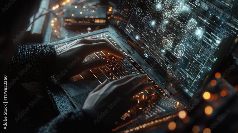 Aufkleber Close-up view of hands typing on a laptop while a digital interface showcases networking and user analytics icons, highlighting the integration of technology into daily w