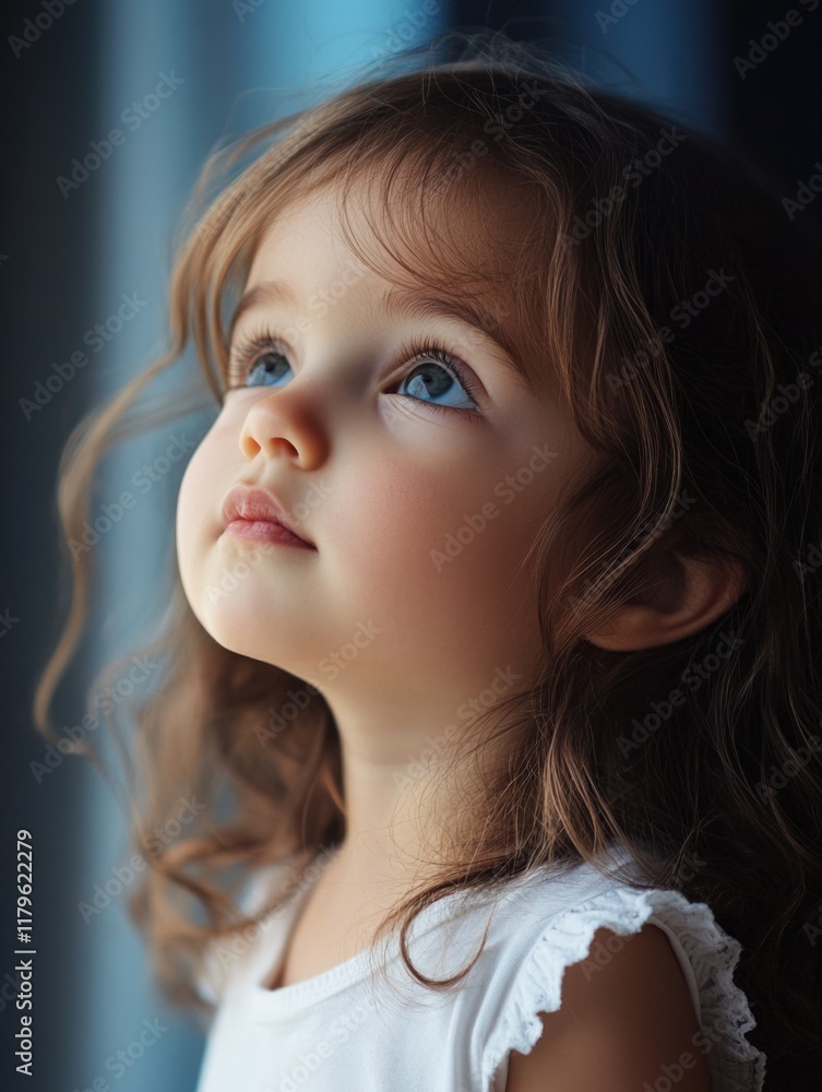 Poster beautiful little girl with large expressive blue eyes and soft brown curls gazing upwards in natural