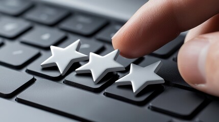 A close-up of a hand placing three star rating symbols above a laptop keyboard, illustrating the concept of feedback and evaluation in a modern workspace.