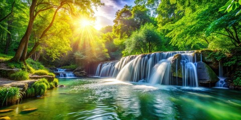 Naklejka premium Sunlight dapples Sunny Creek's peaceful cascade, a summer idyll in a rural landscape.