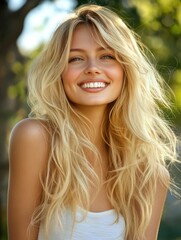 Naklejka premium Smiling European girl with long blond hair illuminated by soft sunlight in a vibrant outdoor setting with natural greenery and ample copyspace for text