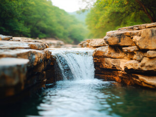 Serene Waterfall Cascading Over Rocks in Lush Green Nature Setting
