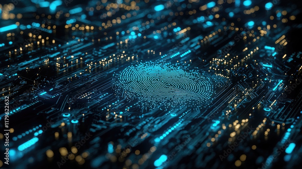 Poster a striking digital fingerprint set against a dark circuit board background, illuminated with blue li