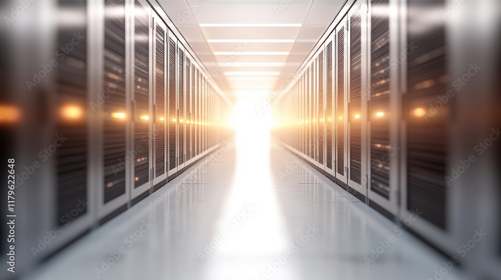Poster long hallway with rows of servers illuminated by soft lighting creating a high-tech and efficient da