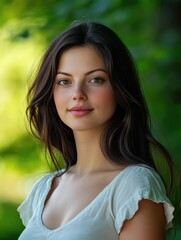 Fototapeta premium Beautiful woman portrait in lush green forest with natural sunlight highlighting her features and ample copyspace for text in serene outdoor setting.