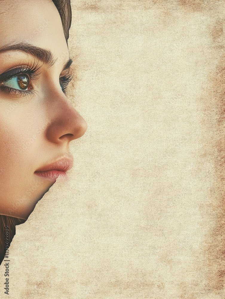 Poster profile portrait of a young woman with striking features against a textured beige background with am