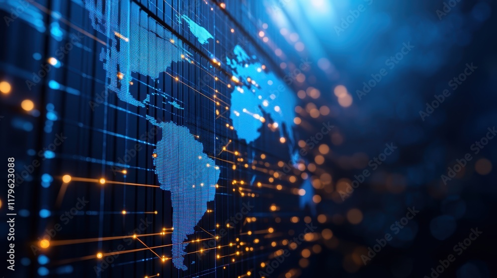 Poster intricate world map displayed on a deep dark background highlighting geographical features and globa