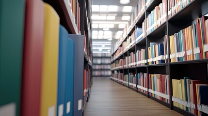 This image features shelves filled with colorful books and documents in a library, creating a serene academic environment for learning and exploration.