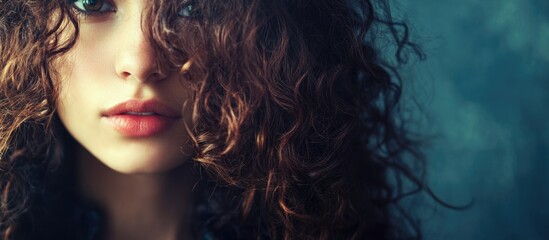 Fototapeta premium Fashion Portrait of a Beautiful Young Woman with Curly Hair, Soft Blue Background, and Large Empty Space for Text, Close-up View, Natural Lighting.