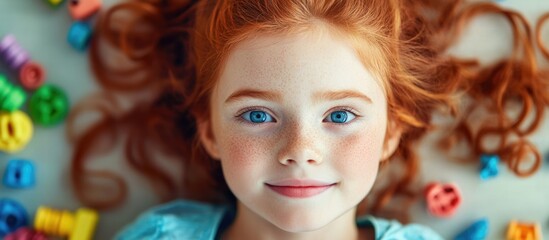 Obraz premium Young redhead girl with vibrant curly hair lying on light background surrounded by colorful creative toys featuring empty space for text