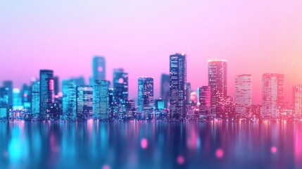 A vibrant city skyline at dusk, showcasing colorful lights reflecting on the water, creating a dreamy, urban atmosphere.