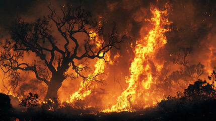 A dramatic scene of a forest fire with flames engulfing trees and vegetation.