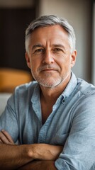 Fototapeta premium Professional portrait of mature man with silver hair and beard wearing casual blue button-down shirt, arms crossed, displaying confident and approachable expression in warm lighting.