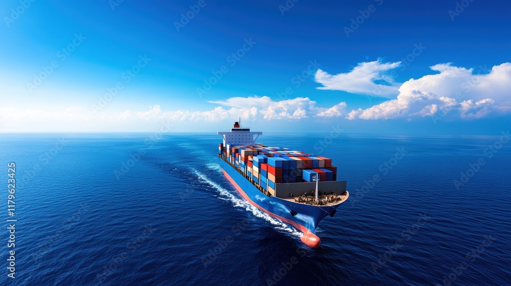 Poster majestic container ship navigating through deep blue ocean waters under clear sky with gentle waves 