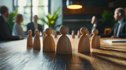 A series of wooden human figures arranged on a table, symbolizing teamwork and strategy in a business meeting, with professionals discussing in the background.