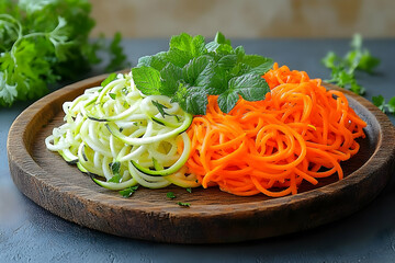 Vibrant Spiralized Zucchini and Carrot Noodles on Rustic Wooden Board: A Healthy and Delicious Meal