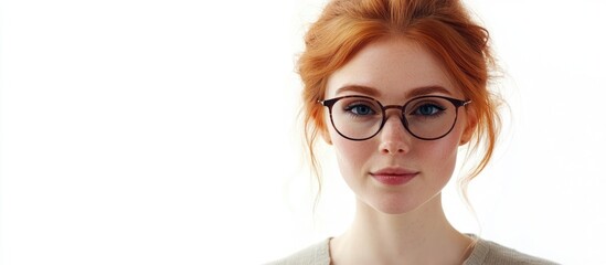 Young woman with red hair wearing glasses, squinting against a bright white background, highlighting vision problems concept with ample copyspace.