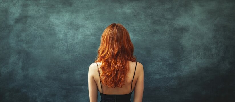 Confused redhead woman in a black sleeveless top contemplating choices against a textured dark gray background with ample copyspace for text.