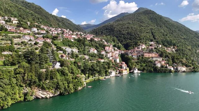 Aerial footage of Nesso town on Lake Como, Italy