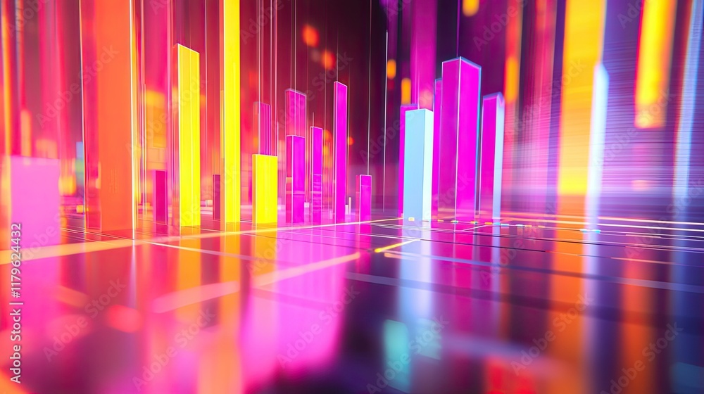 Poster A vibrant visualization of financial data featuring colorful graphs and glowing elements. This abstract image represents analysis, trends, and technology in finance and b