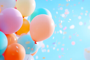 Colorful Balloons and Confetti Against Bright Blue Sky in a Festive Atmosphere