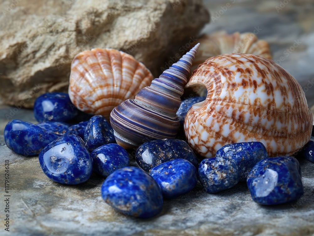 Poster natural composition of elegant seashells and vibrant blue stones nestled on textured stone surface w
