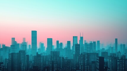 A vibrant city skyline during twilight, with towering buildings silhouetted against a gradient of teal and pink hues.