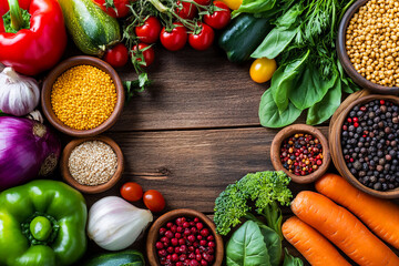 Fresh Colorful Vegetables and Herbs in Bowls Arranged on Rustic Wooden Table Background