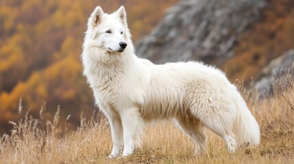 Obraz premium Elegant white sheepdog from Beauce standing in golden autumn grasslands, with a blurred rocky background and ample empty space for text.