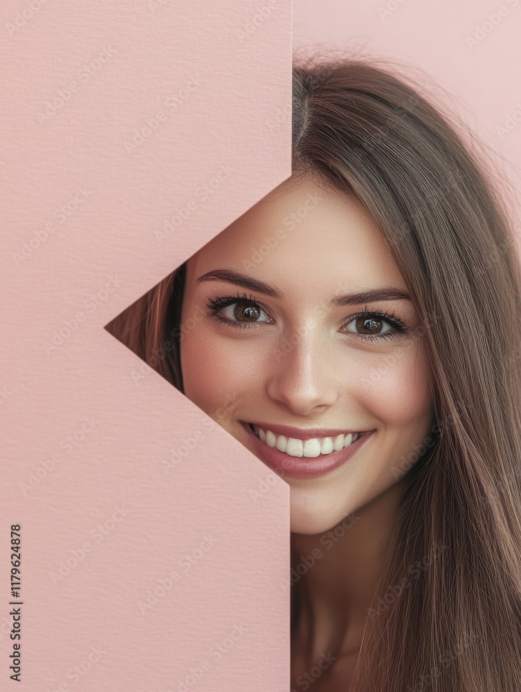 Poster smiling young woman with long hair peeking from behind a pink abstract arrow shape creating ample co