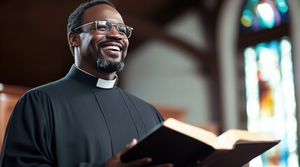 Joyful pastor smiling while holding an open Bible in a church