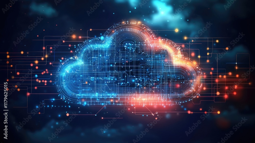 Leinwandbilder Futuristic Digital Cloud Storage Concept with Glowing Circuit Patterns and Binary Data Flow on Dark Background