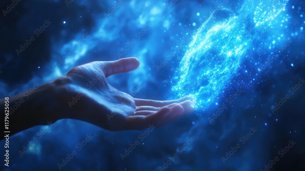 Poster Digital representation of a hand reaching towards a glowing blue cloud symbolizing data storage and technology concepts with a futuristic ambiance