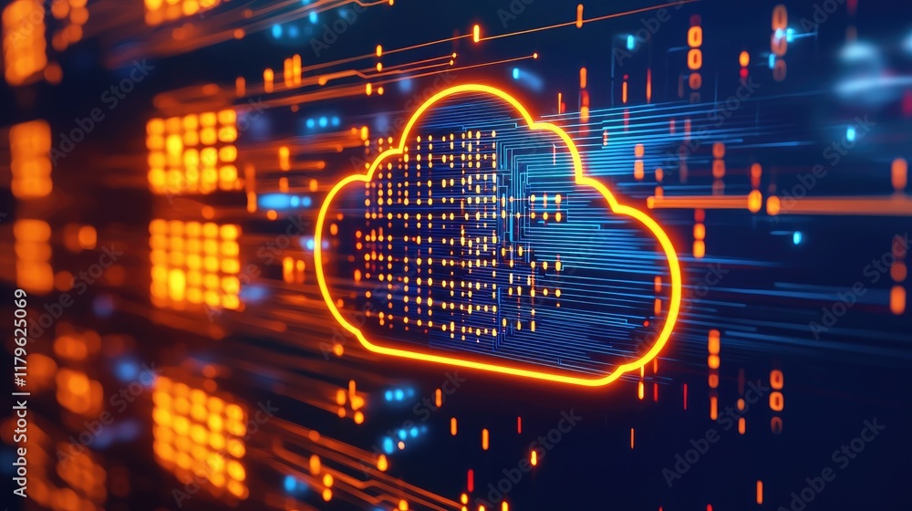 Leinwandbilder Futuristic Digital Cloud Storage Concept with Glowing Circuit Patterns and Binary Data Flow on Dark Background